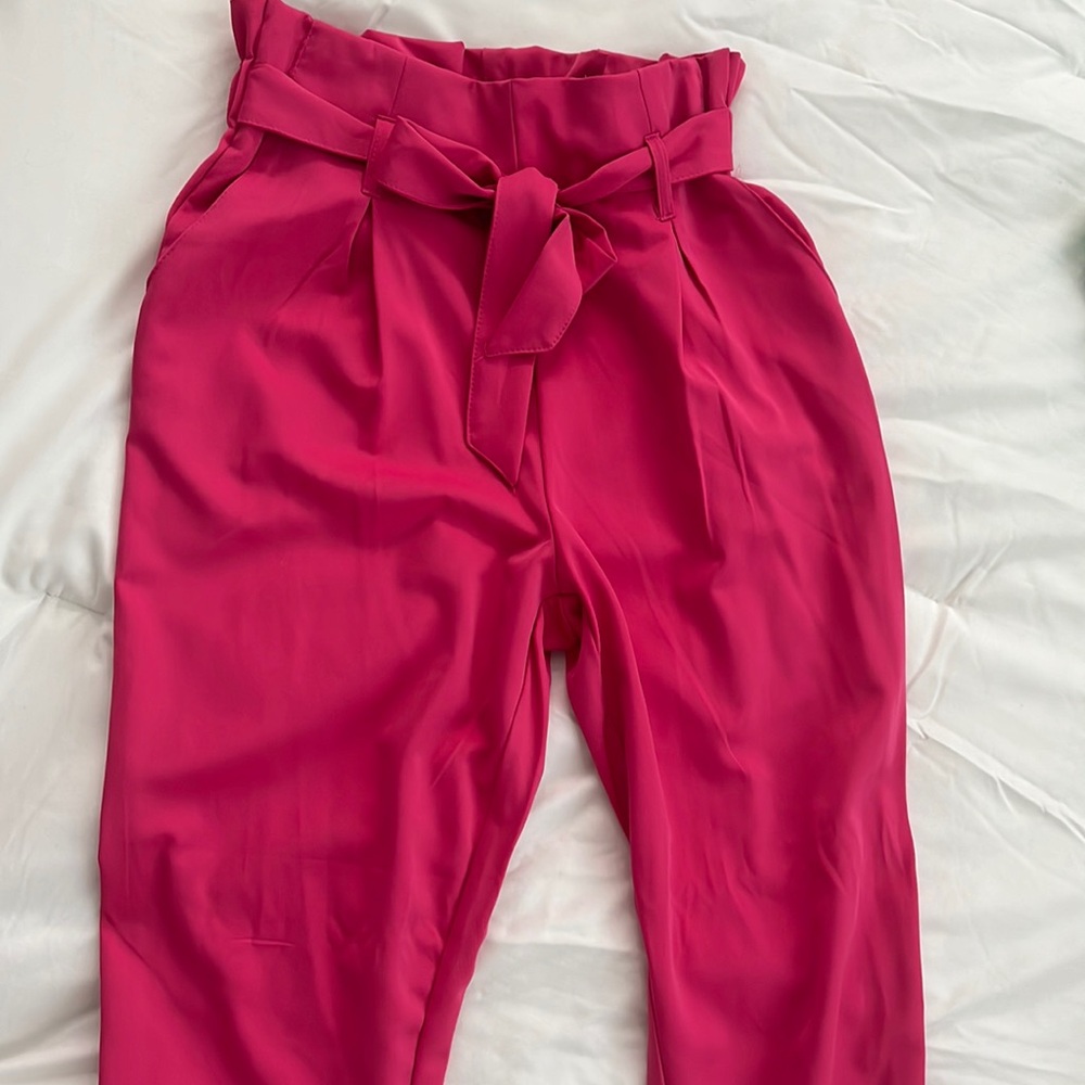 Pink trouser straight leg pants with bow belt